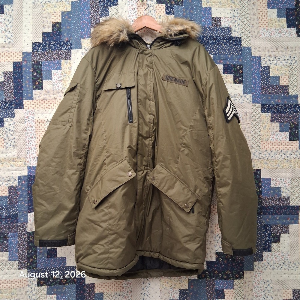 Grenade Mens XL Olive Green Military Insulated Snowboard Parka Faux Fur Hood